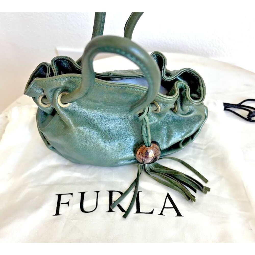FURLA Green Leather Top Handle Bag w/ Charm Tassel